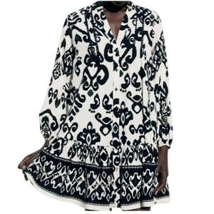 Zara Black and White Ikat Print Babydoll Mini Dress